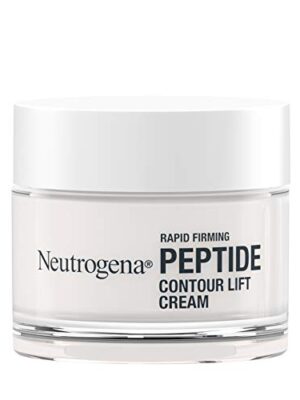 Jar of Neutrogena Fast Firming Peptide Contour Lift Face Cream beside fresh leaves and spoon