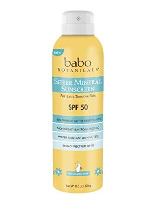 Babo Botanicals Sheer Mineral Sunscreen Spray SPF 50 for sensitive skin, offering 100% mineral sun protection and water-resistant formula