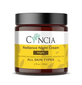 Enhance Skin Radiance and Hydration with CYNCIA Radiance Night Cream Infused with AHA, Kojic Acid, Alpha Arbutin, Vitamin E, and Niacinamide.