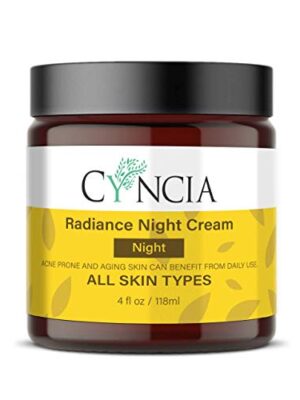 Enhance Skin Radiance and Hydration with CYNCIA Radiance Night Cream Infused with AHA, Kojic Acid, Alpha Arbutin, Vitamin E, and Niacinamide.