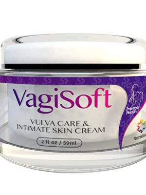 A soothing, natural skincare balm in a sleek container, ideal for women seeking comfort and hydration for their intimate area