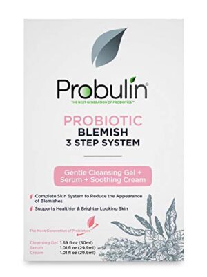 A complete skincare solution featuring the Probulin Probiotic Blemish 3-Step System, including a Facial Cleaning Gel