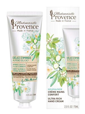 Experience the Richness of Mademoiselle Provence Natural Almond Hand Cream with Orange Blossom Extracts - A Dermatologist-Tested, Vegan Moisturizing Lotion for Dry and Sensitive Skin (2.5 fl oz).