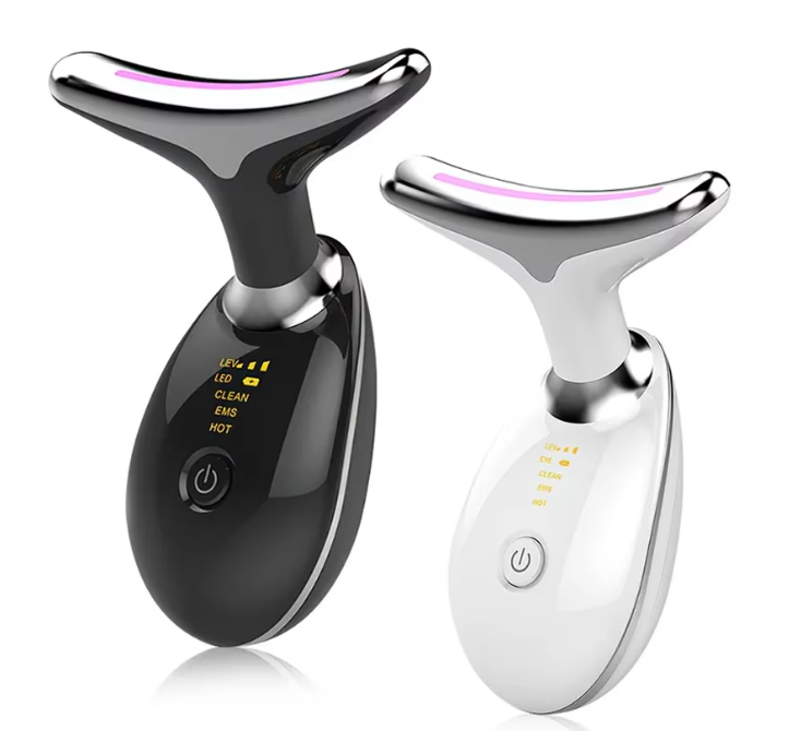 A compact EMS neck massager with 7-color LED therapy, ideal for skin lifting, deep pore cleansing, and wrinkle reduction.